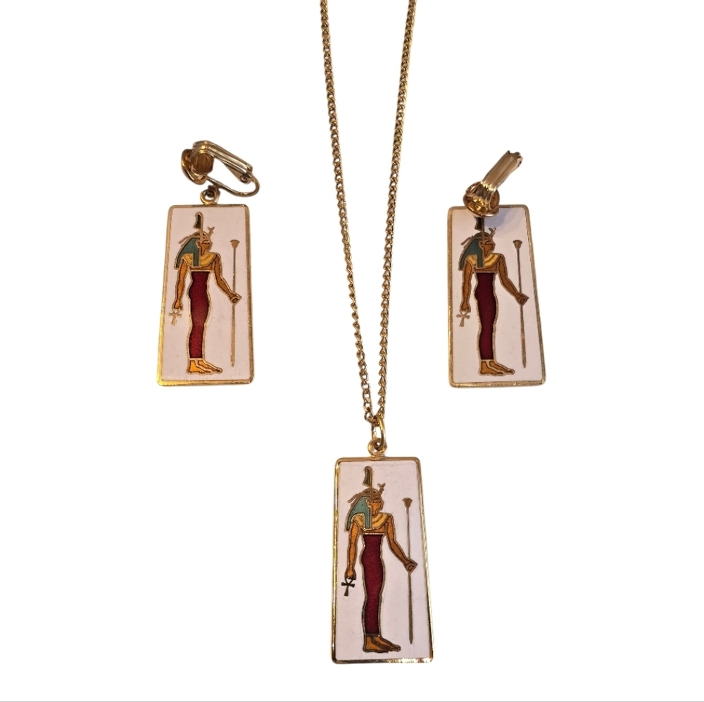 ERM Egyptian Revival Jewelry White Enamel Goldtone Earring Necklace Set